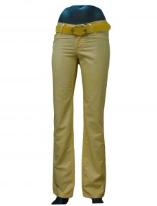 Штани жіночі жовті, прямі, з вишивкою на задній кишені