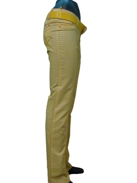 Брюки женские желтые, прямые, с вышивкой на заднем кармане